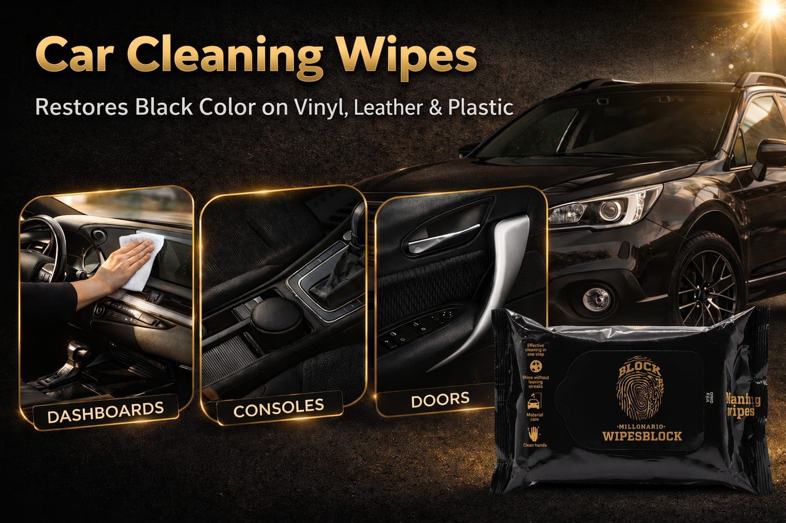 WipesBlock car cleaning wipes — restores black color on vinyl, leather and plastic. Use on dashboards, consoles and doors.