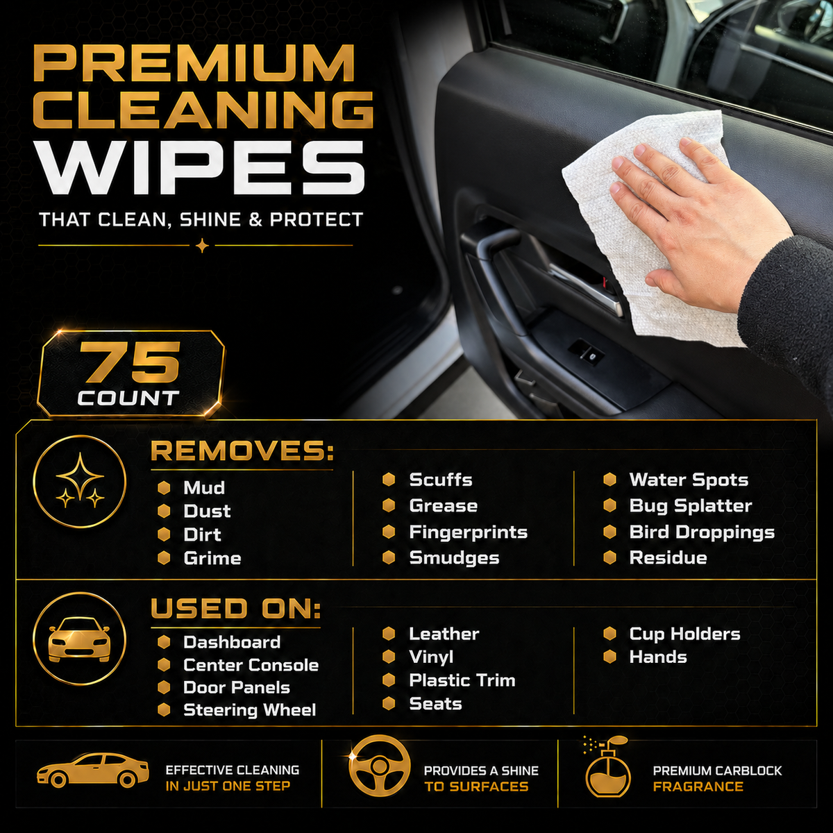 WipesBlock Car Interior Wipes - 70 Ct - Cleans Shines and Restores Black Trim